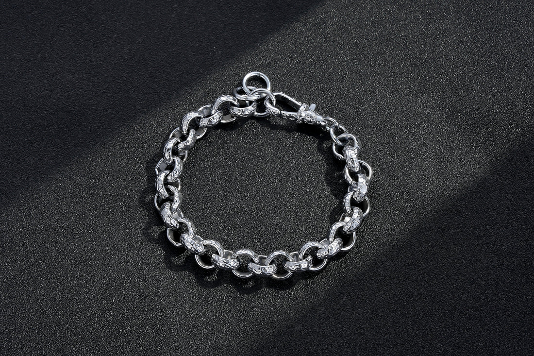 12mm Diamond-Patterned Belcher Bracelet with Albert Clasp – Premium Silver-Filled, 8 Inch