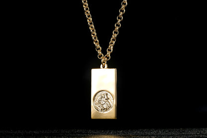 Gold St Christopher Ingot Bar Pendant 22 Inches