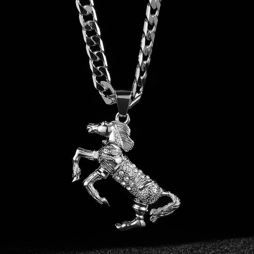 Silver Horse Pendant with Clear Stones – 24 Inch 4mm Cuban Chain