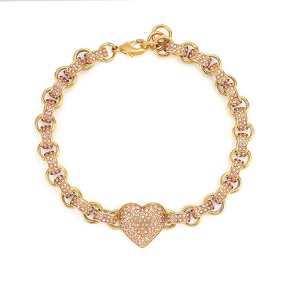Gold Heart Charm Bracelet with Pink Stones – Fits 7.5–8” Wrist, 27g, Tarnish Resistant