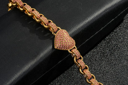 Gold Heart Charm Bracelet with Pink Stones – Fits 7.5–8” Wrist, 27g, Tarnish Resistant