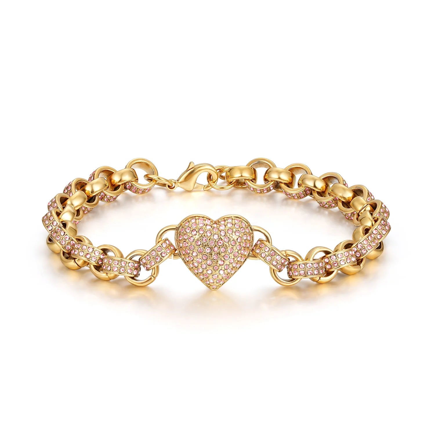 Gold Heart Charm Bracelet with Pink Stones – Fits 7.5–8” Wrist, 27g, Tarnish Resistant