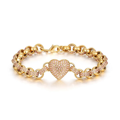 Gold Heart Charm Bracelet with Pink Stones – Fits 7.5–8” Wrist, 27g, Tarnish Resistant