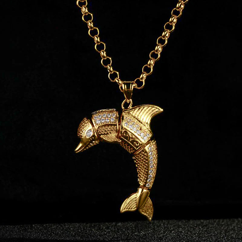 Gold-Filled Dolphin Pendant with Stones on 24-Inch Belcher Chain