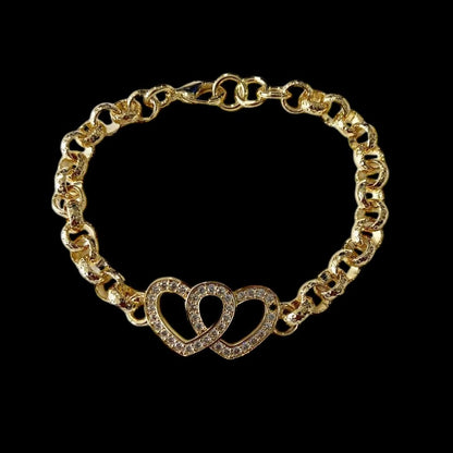 Small gold double heart Belcher bracelet with crystals, 6-6.5 inches long, 8mm wide, 26 grams.