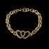 Small gold double heart Belcher bracelet with crystals, 6-6.5 inches long, 8mm wide, 26 grams.