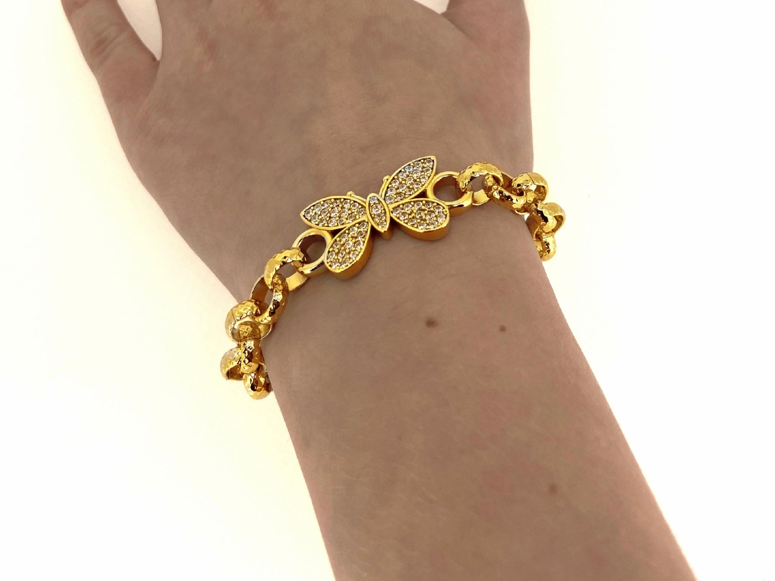 8mm Gold Butterfly Belcher Bracelet with Crystals 6–6.5 Inches