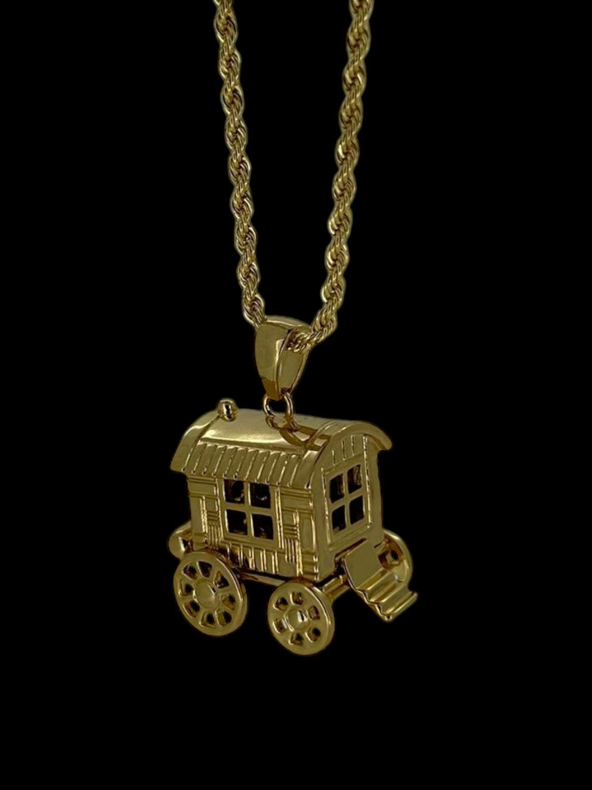 New Gold Gypsy Wagon Caravan Pendant 22 Inch 3mm Rope Chain