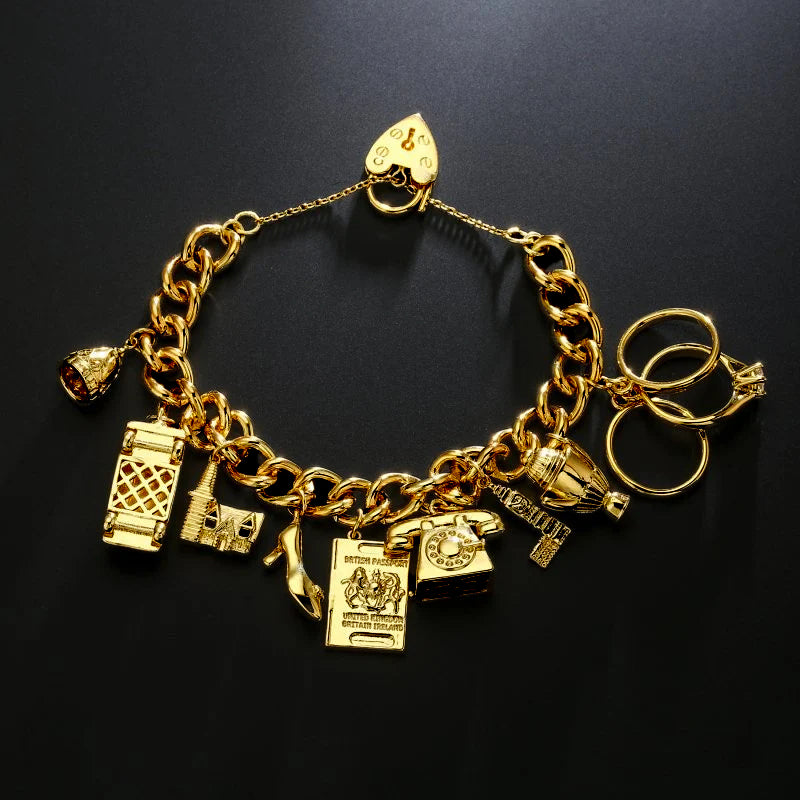Gold Great Britain Charm Bracelet with Heart Padlock – 8 Inch