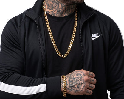 Gold Cuban Curb Chain &amp; Bracelet Set 9mm