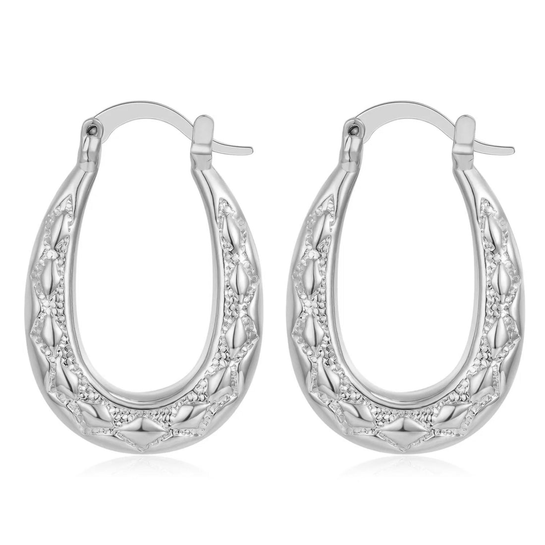 New Premium Silver 25mm Oval Diamond Pattern Creole Hoop Earrings