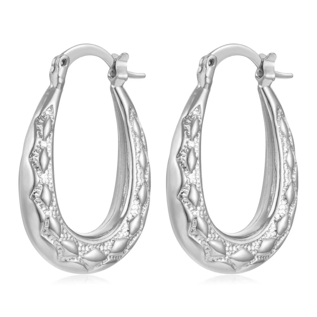 New Premium Silver 25mm Oval Diamond Pattern Creole Hoop Earrings