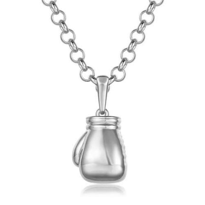 Silver Large Boxing Glove Pendant Necklace 24 Inches 7mm Belcher Chain 77g Statement Jewellery
