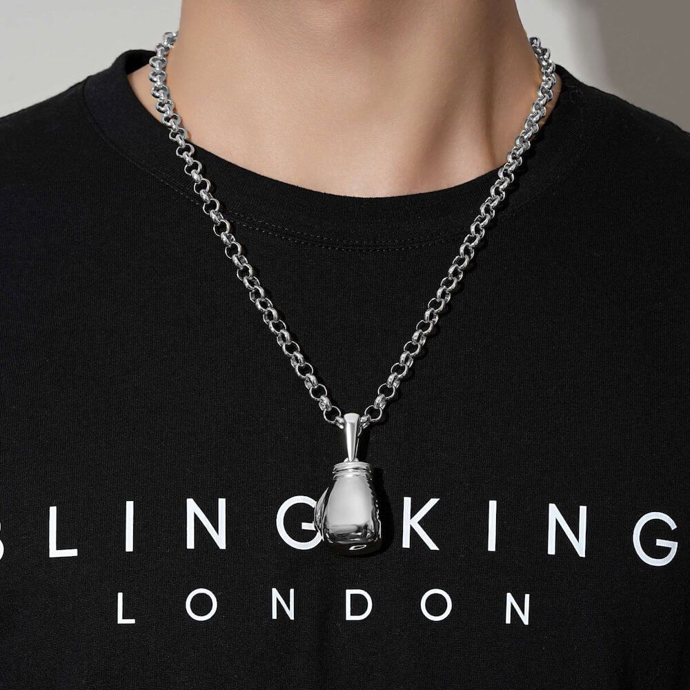 Silver Large Boxing Glove Pendant Necklace 24 Inches 7mm Belcher Chain 77g Statement Jewellery