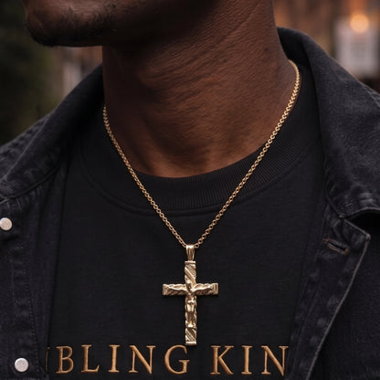 Yellow Gold Engraved Crucifix Cross Pendant &amp; Gold Round Belcher Chain (24 Inch)