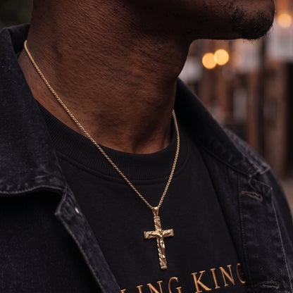 Yellow Gold Engraved Crucifix Cross Pendant &amp; Gold Round Belcher Chain (24 Inch)