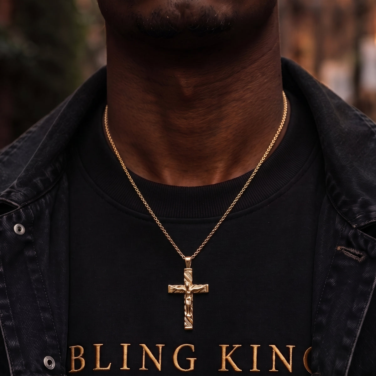 Yellow Gold Engraved Crucifix Cross Pendant &amp; Gold Round Belcher Chain (24 Inch)
