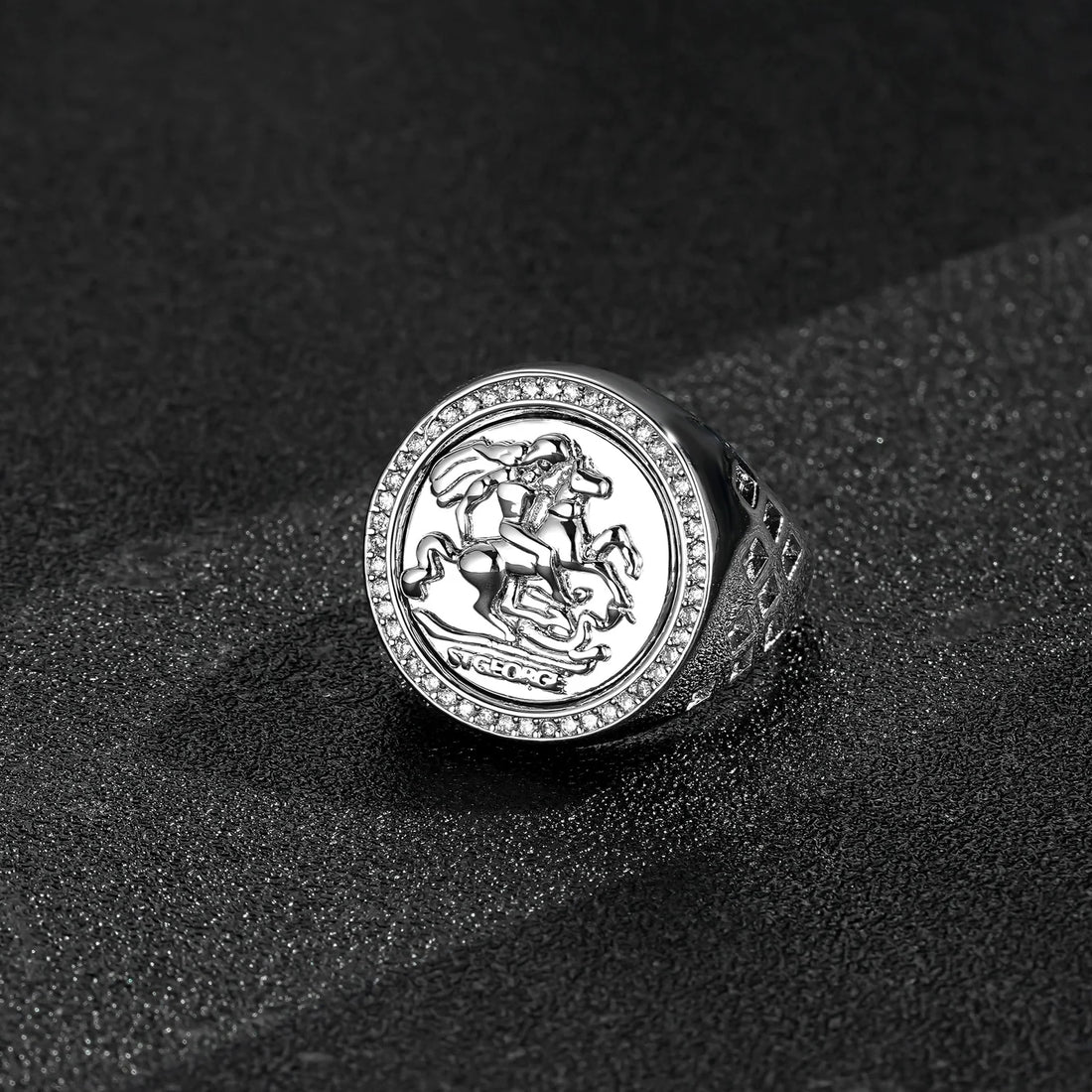 Waterproof Silver St George Sovereign Adjustable Ring with Stones