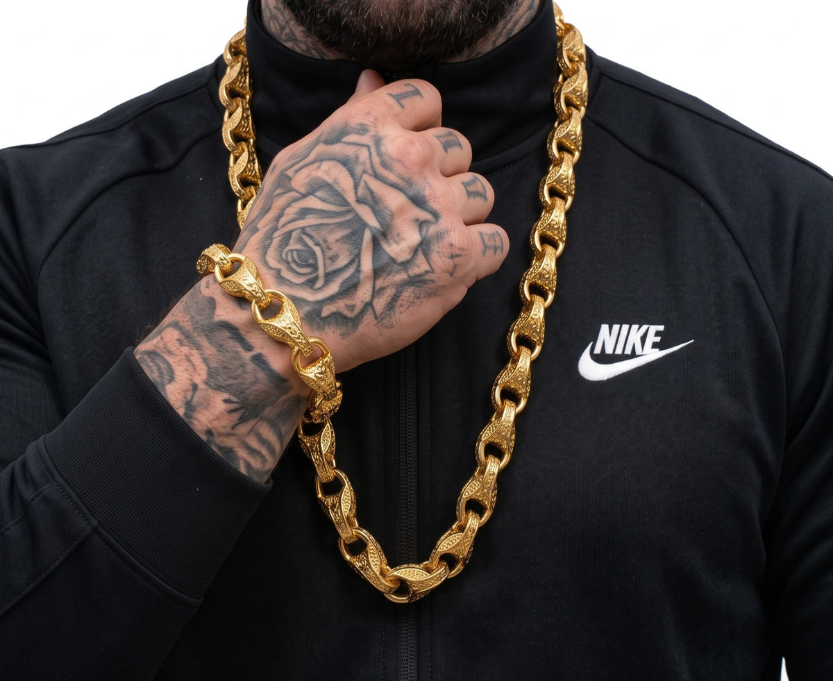 Gold XXL 3D Tulip Chain &amp; Bracelet Set 15mm