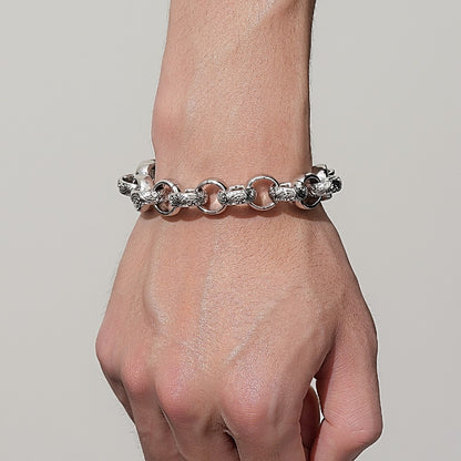 15mm wide silver patterned Belcher bracelet, 8/9.3 inches, 72 grams.