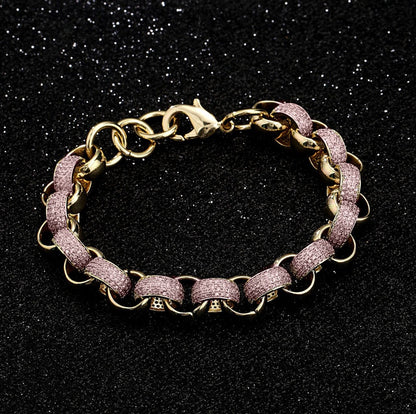 12mm Gold-Filled Pattern Belcher Bracelet with Pink Stones – Adjustable 8–9 Inches