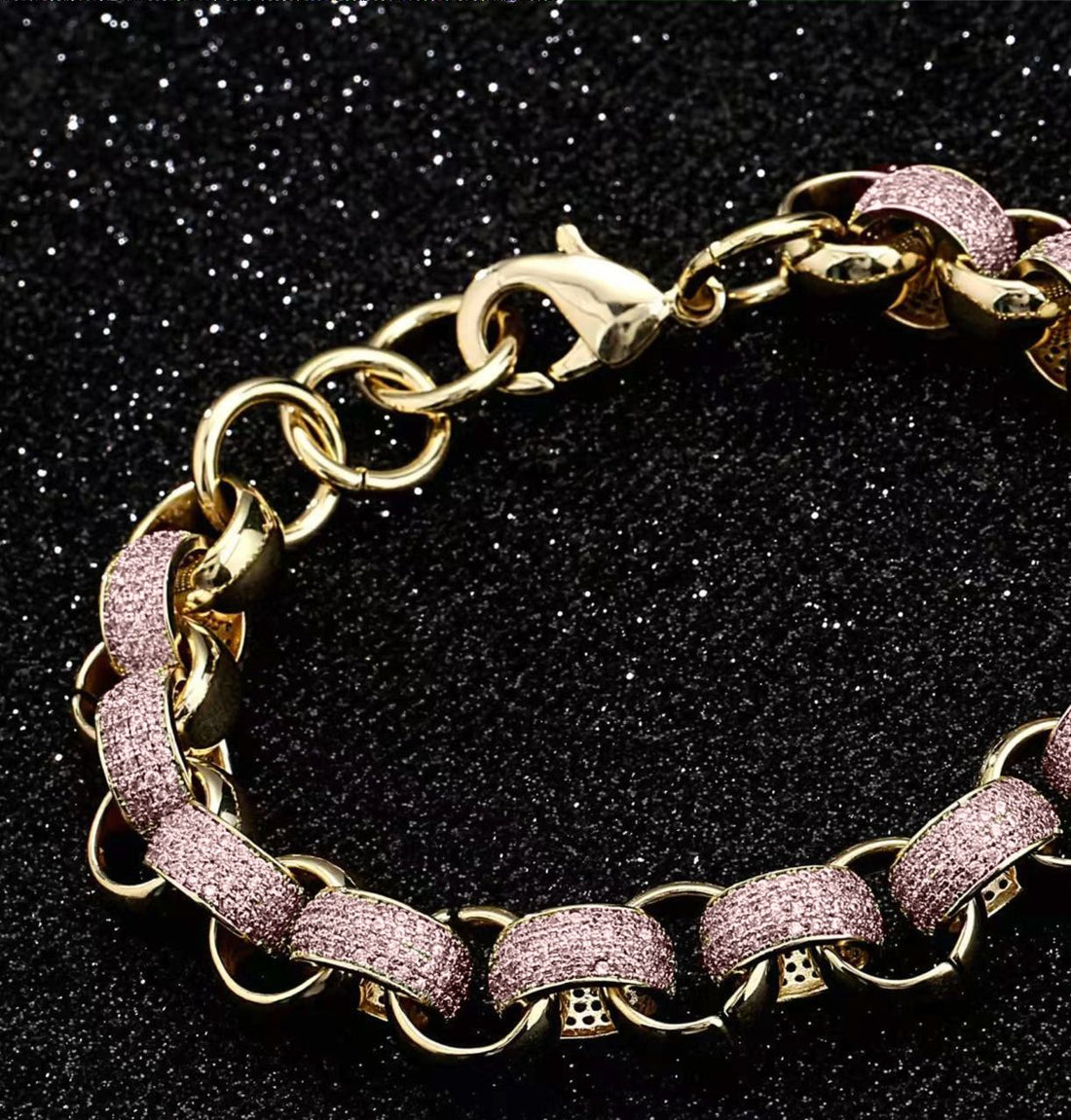 New 12mm Gold-Filled Pattern Belcher Bracelet with Pink Stones – Adjustable 8–9 Inches