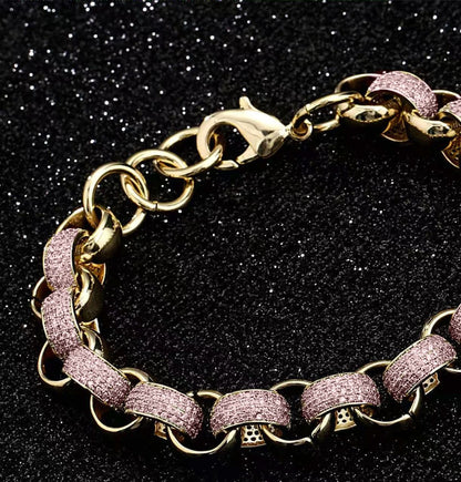 12mm Gold-Filled Pattern Belcher Bracelet with Pink Stones – Adjustable 8–9 Inches