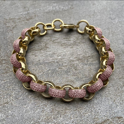 12mm Gold-Filled Pattern Belcher Bracelet with Pink Stones – Adjustable 8–9 Inches