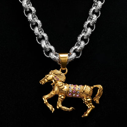 Gold 3D Horse Racing Pendant Necklace with Chain Options