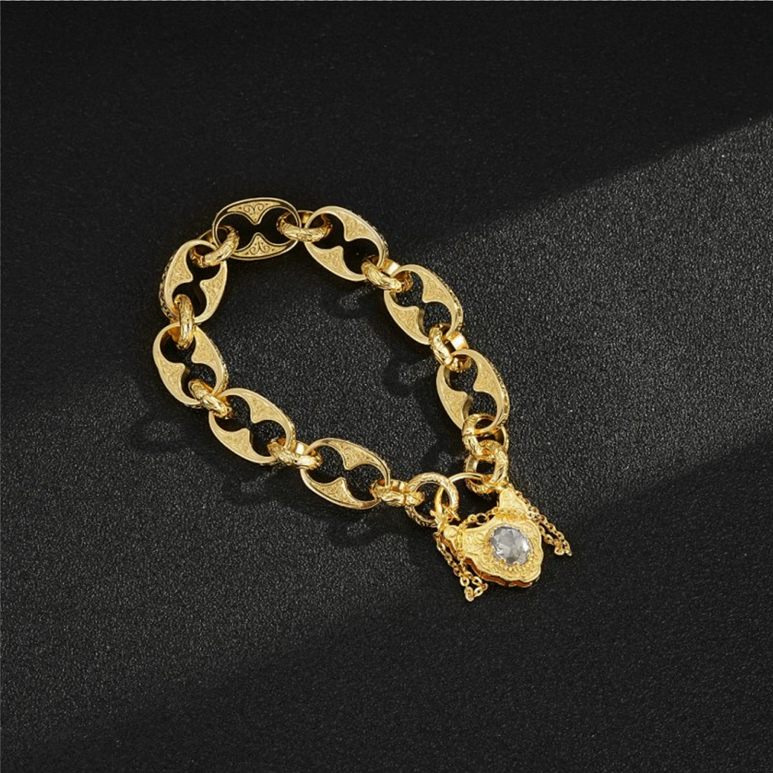 Gold-Filled Button Belcher Bracelet with Clear Stone and Vintage Padlock Clasp – 8 Inches