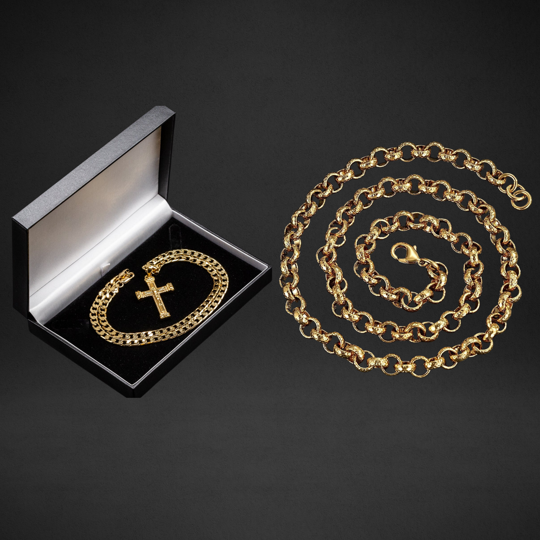 Gold Faith &amp; Power Set  8mm Belcher Chain &amp; Heavy Jesus Cross