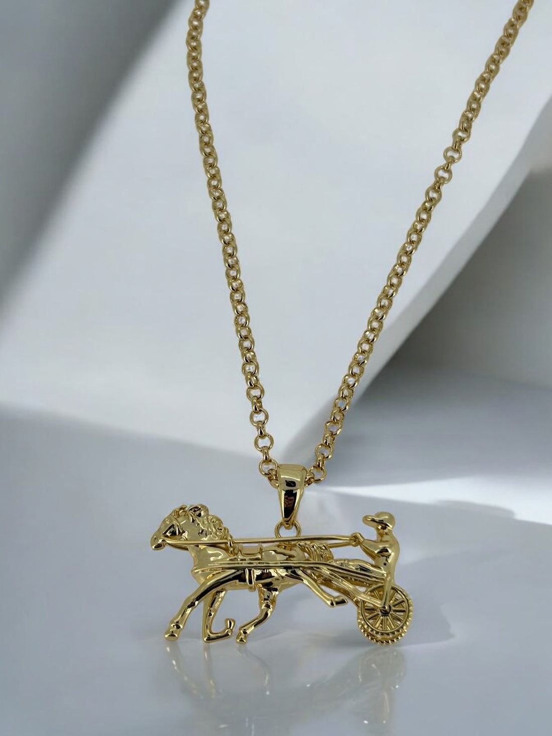 Gold Gypsy Horse & Cart Pendant 22 Inch 4mm Belcher Chain