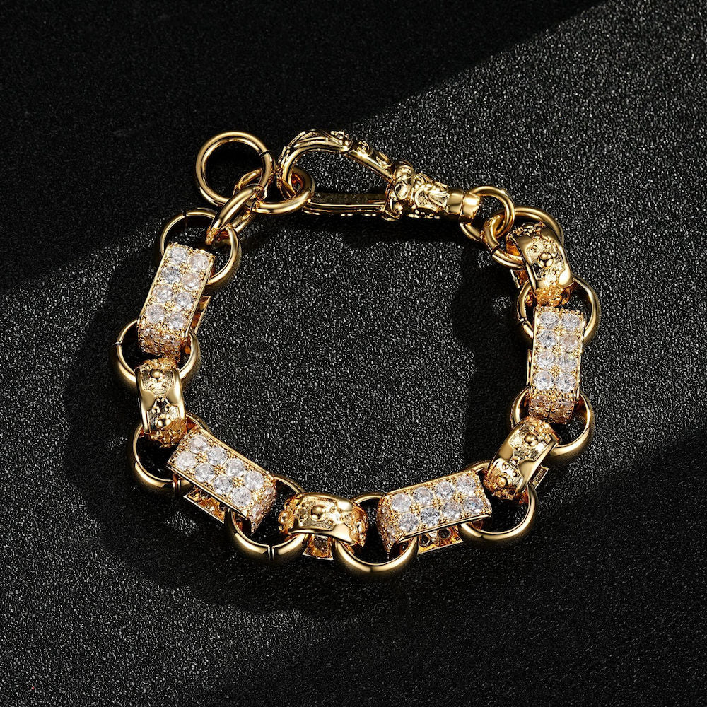 Chunky gold gypsy link Belcher bracelet, 13mm wide, 6-7 inches long, 65 grams.