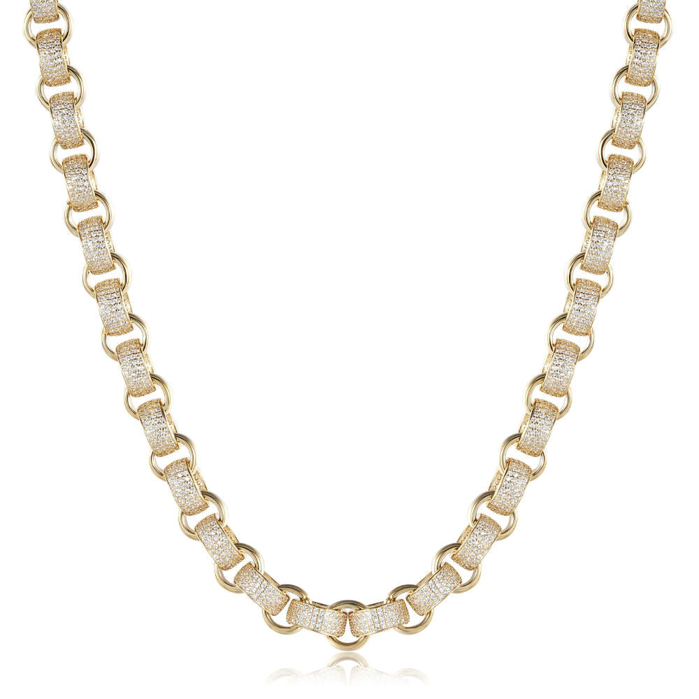 Iced Out Gold Belcher Chain with Sparkling Stones, 12mm Wide