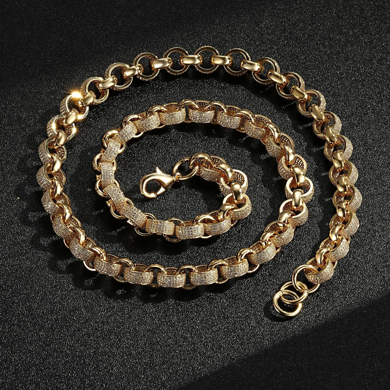 Detailed View of Gold Belcher Chain with Stones, 26 Inches Long