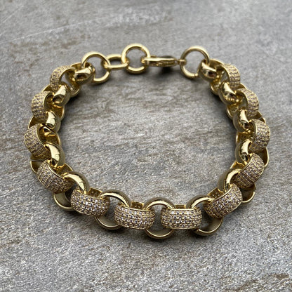 12mm Gold-Filled Pattern Belcher Bracelet with Diamond Stones – Adjustable 8–9 Inches