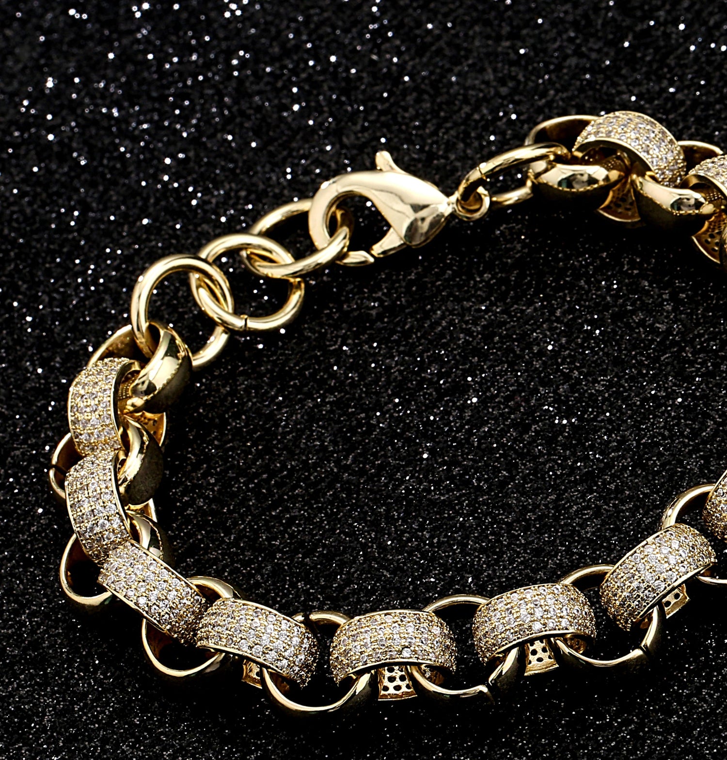 12mm Gold-Filled Pattern Belcher Bracelet with Diamond Stones – Adjustable 8–9 Inches