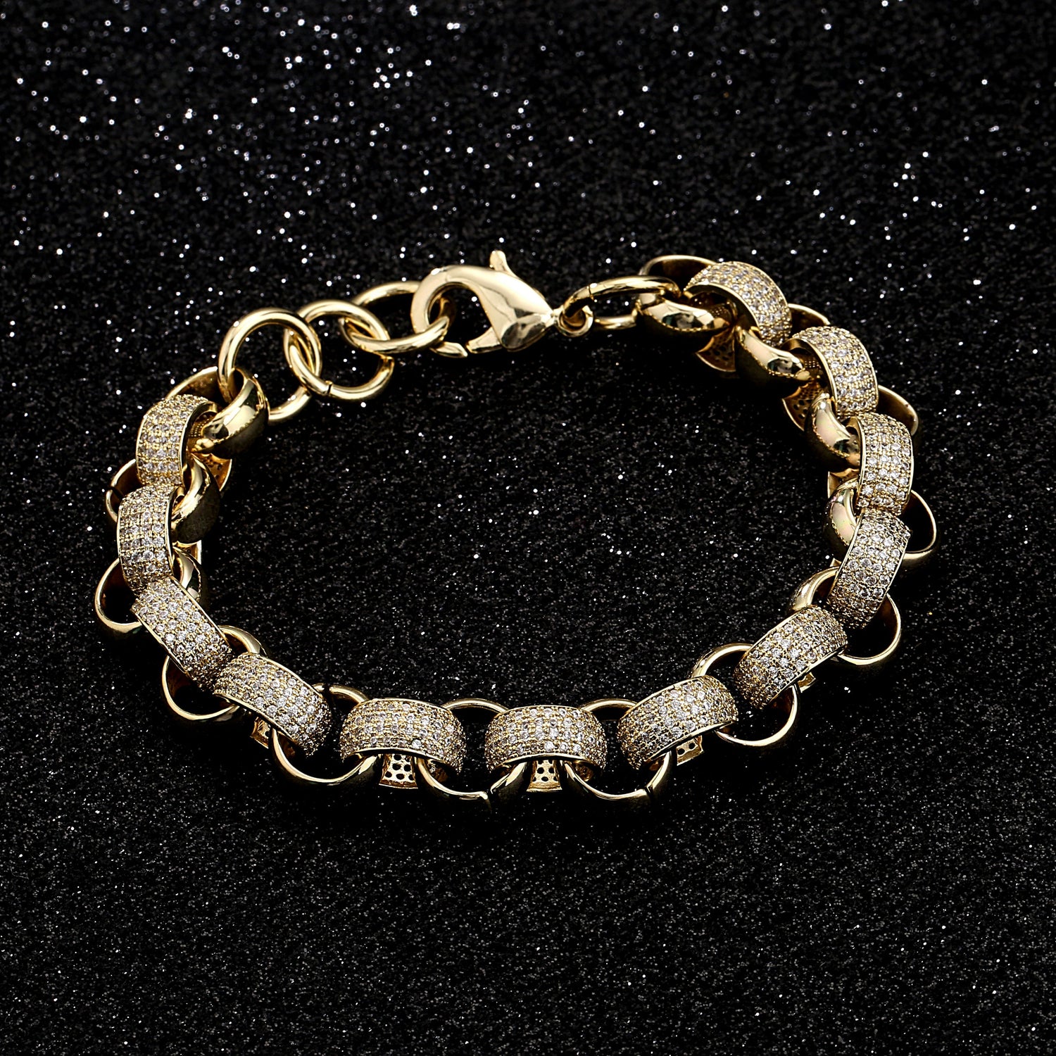 12mm Gold-Filled Pattern Belcher Bracelet with Diamond Stones – Adjustable 8–9 Inches