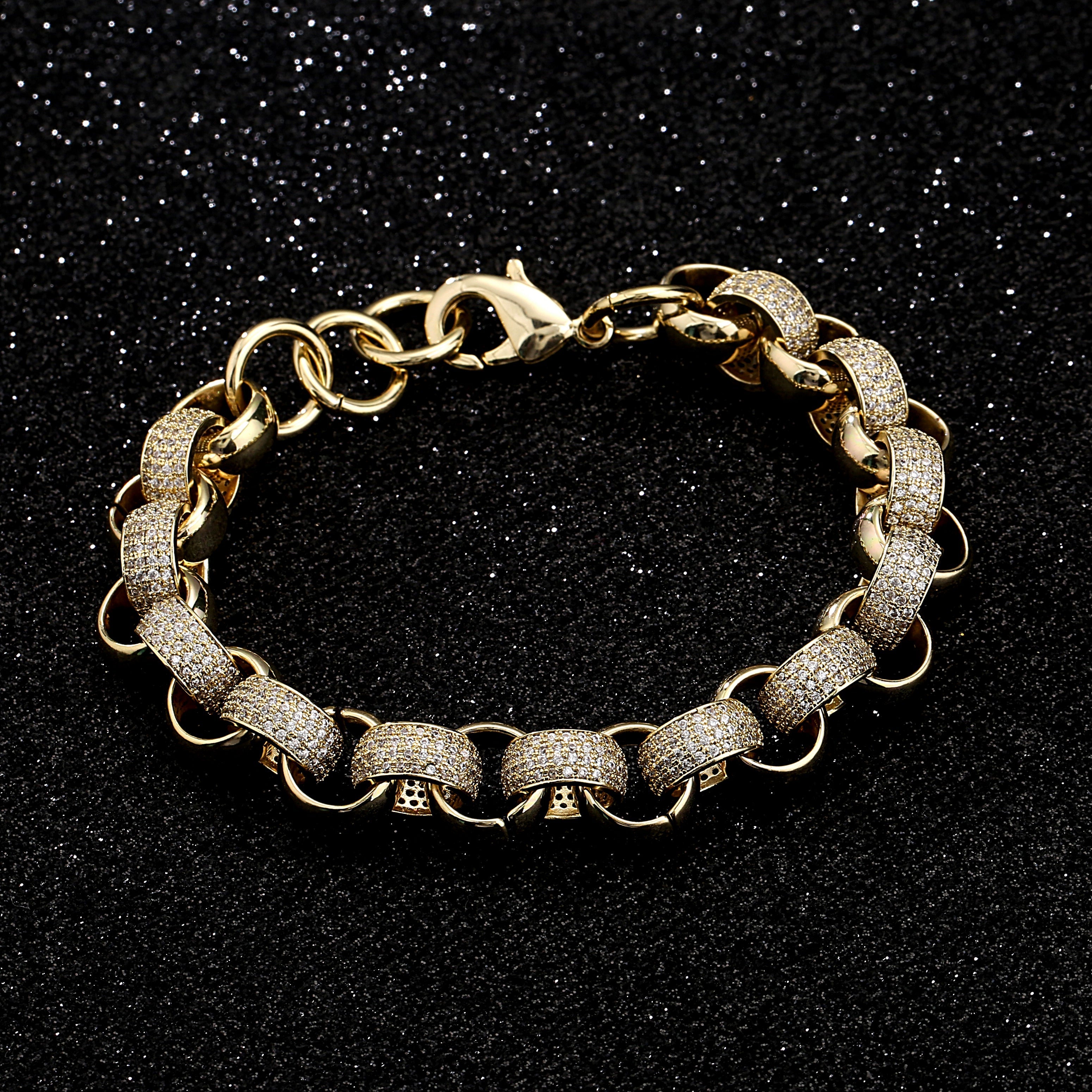 12mm Gold-Filled Pattern Belcher Bracelet with Diamond Stones – Adjustable 8–9 Inches