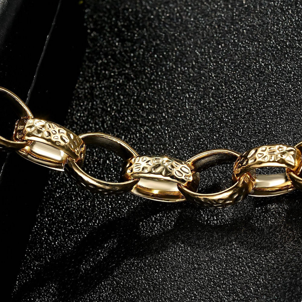 Women’s gold-filled oval Belcher bracelet, 7-8 inch, 10mm width, 22 grams.