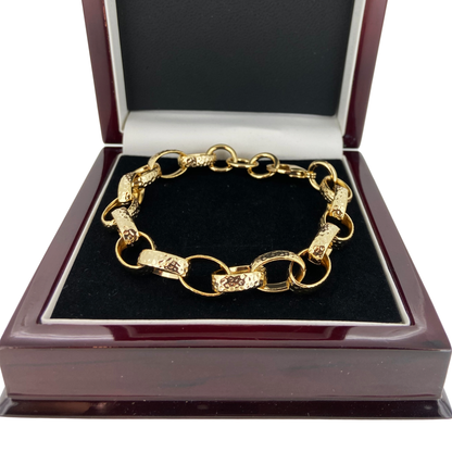 Women’s gold-filled oval Belcher bracelet, 7-8 inch, 10mm width, 22 grams.