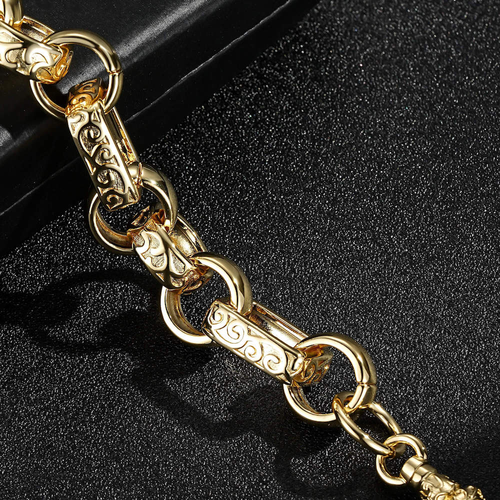 18mm wide gold gypsy link Belcher bracelet, 8-9 inches, 74 grams, gold-filled finish.