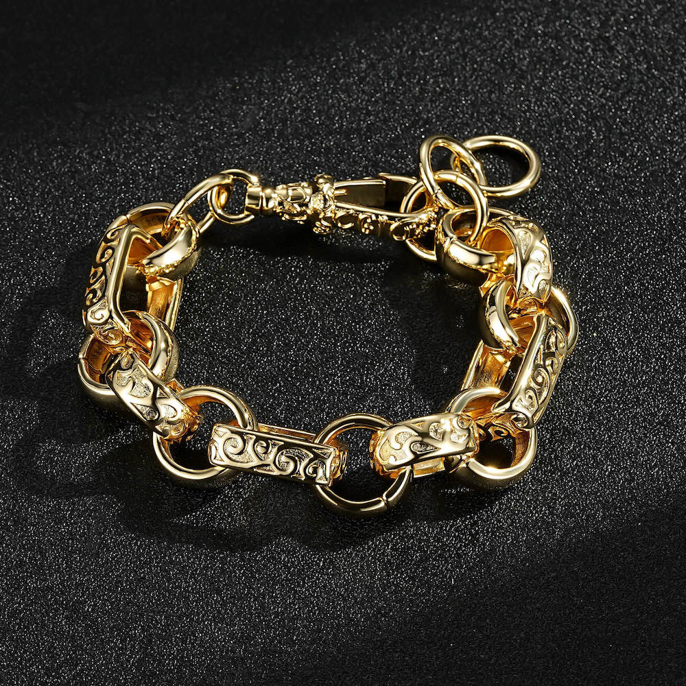 Big gold gypsy link Belcher bracelet, 18mm wide, 8-9 inches, 74 grams.