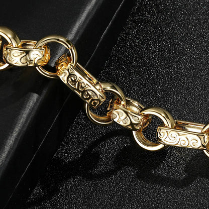 Chunky gold gypsy link bracelet, 18mm width, 8-9 inches, 74 grams, Albert clasp.