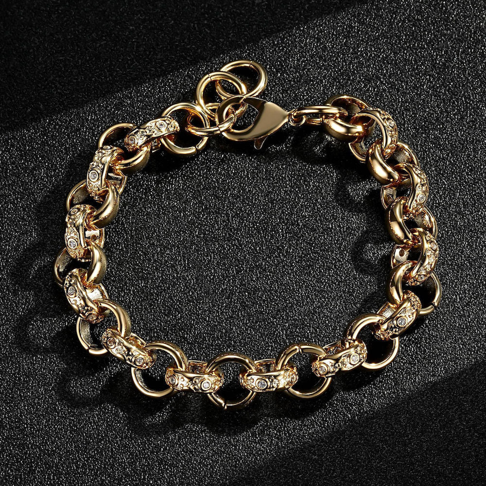 12mm Gold Alternate Crystal Pattern Belcher Bracelet 8 Inch