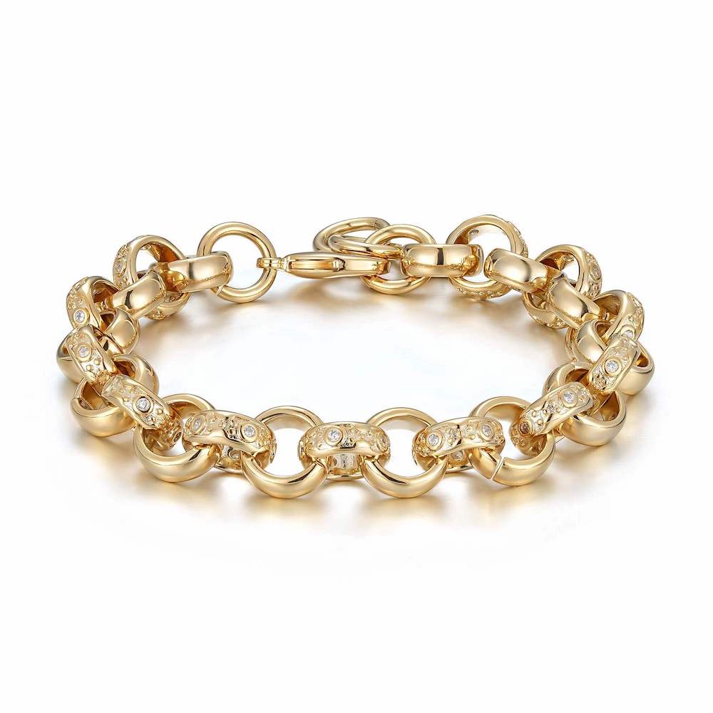 12mm Gold Alternate Crystal Pattern Belcher Bracelet 8 Inch