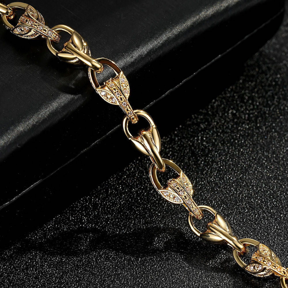 9mm gold tulip bracelet with stones, 8 inches long, 29 grams, Albert clasp.