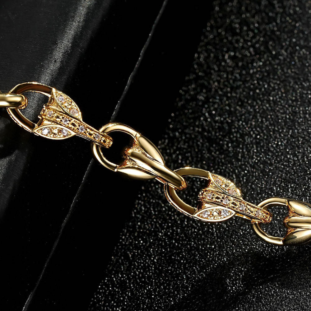 8-inch gold tulip bracelet, 9mm wide, 29 grams, gold-filled finish.