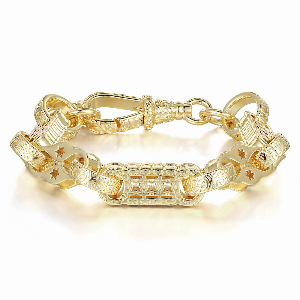 Gold stars and bars bracelet, 11mm wide, 7/7.5 inches long, 57 grams.