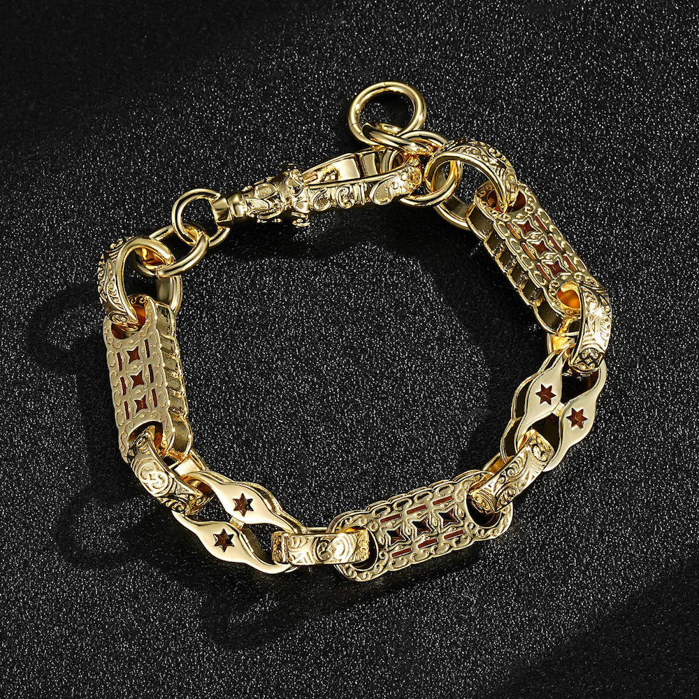 Gold stars and bars bracelet, 11mm wide, 7/7.5 inches long, 57 grams.